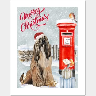 Brindle Afghan Hound Merry Christmas Santa Dog Posters and Art